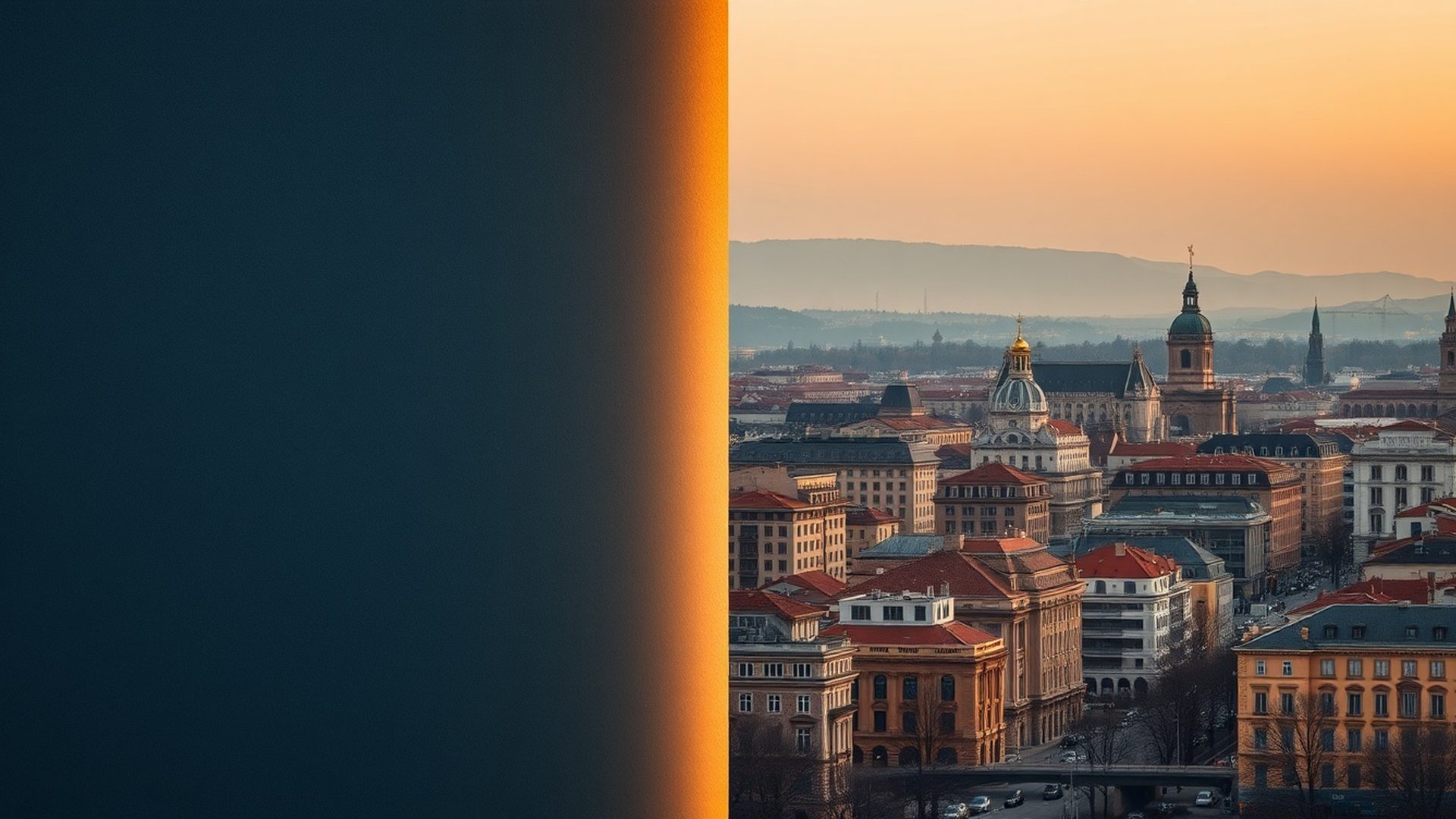 Compoziție editorială — perete slate cu lumină aurie și panoramă a Bucureștiului la asfințit