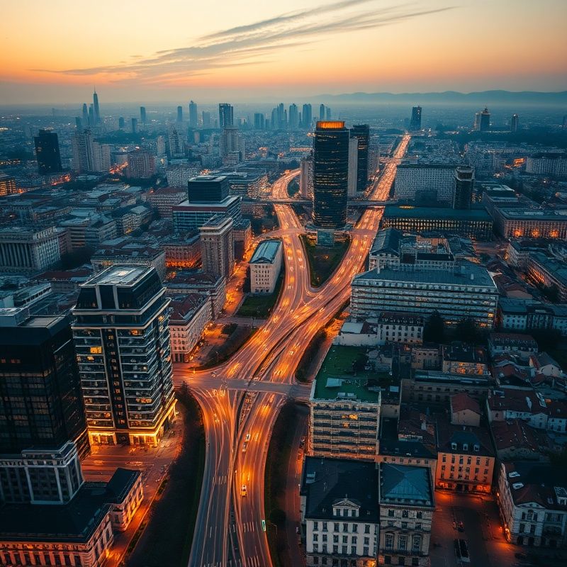 Panoramă aeriană a unui district financiar european la ora aurie, palete slate și ocru