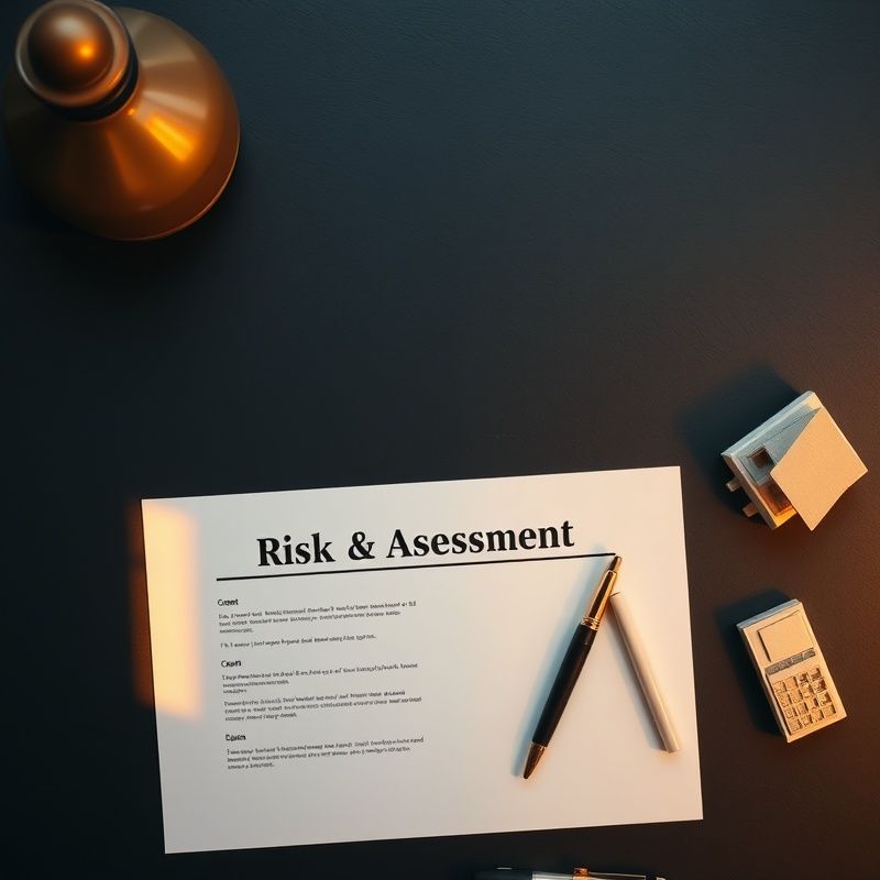 Birou slate cu document de evaluare a riscurilor și stilou cu penițǎ, lumină aurie laterală